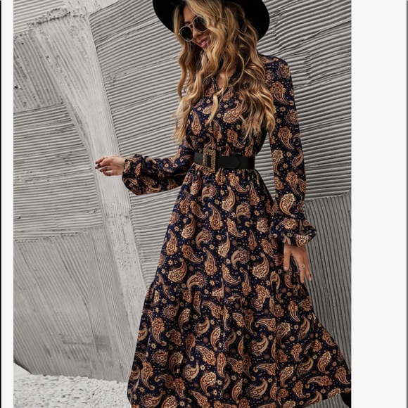 Dresses & Skirts - Boho Gypsy Paisley Floral Print Long Sleeve Shirt Dress Without Belt